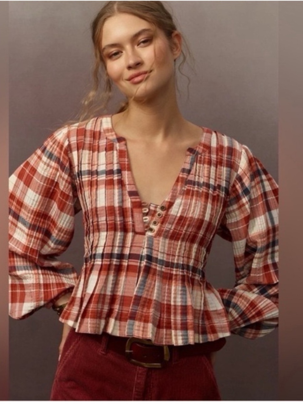 Pilcro plaid Long-Sleeve Pleated Swing Blouse